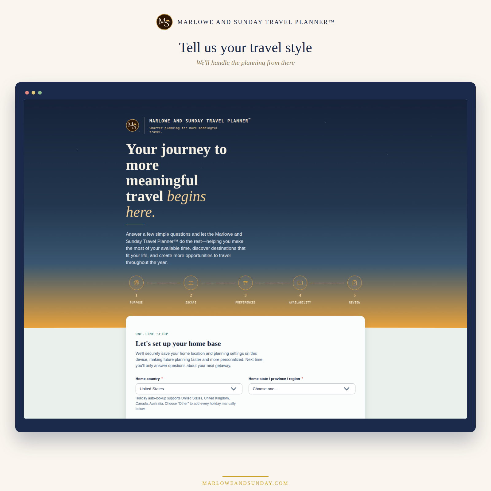 Travel Planner setup for home base and personalized travel preferences.
