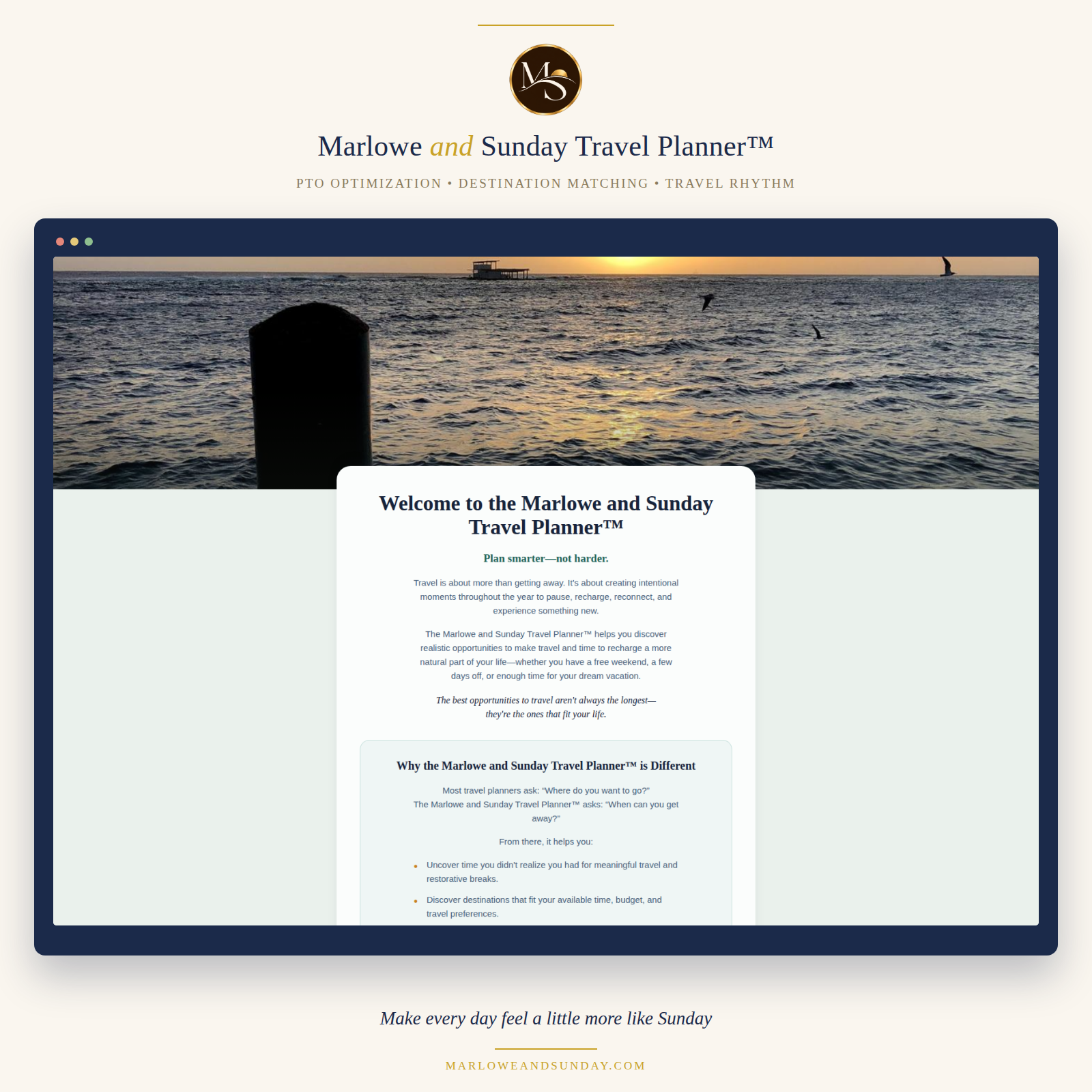 Marlowe and Sunday Travel Planner welcome screen showing how the travel planning tool works