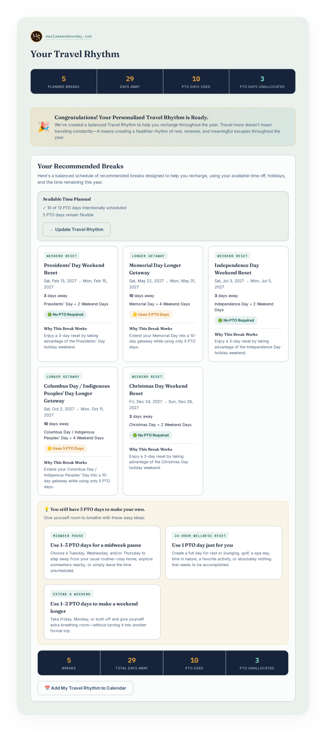 Personalized Travel Rhythm showing recommended breaks, PTO days and flexible reset ideas.